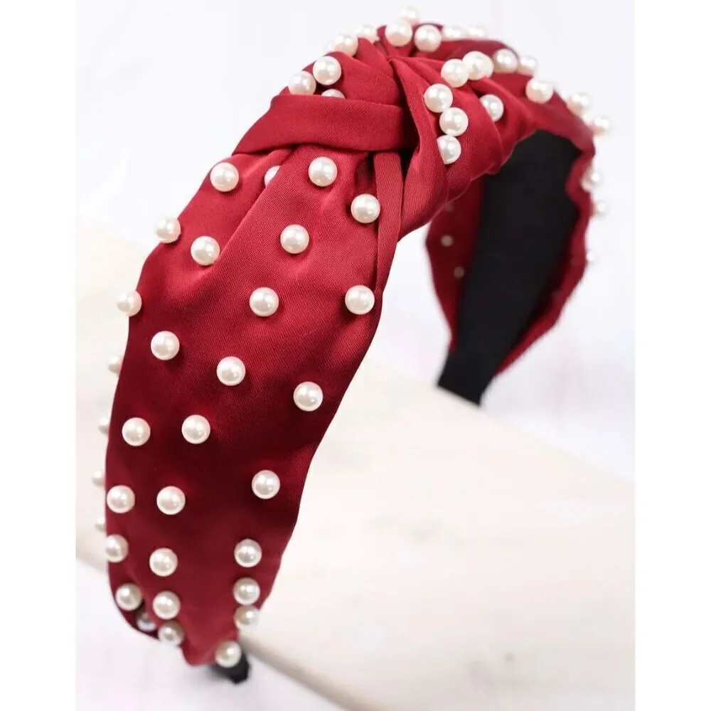 Burgundy Pearl Beaded Knott Headband Womens Casual Classic Valentines Accessory